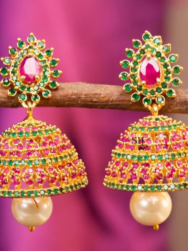 Artificial Red And Green AD Stones Jhumkas