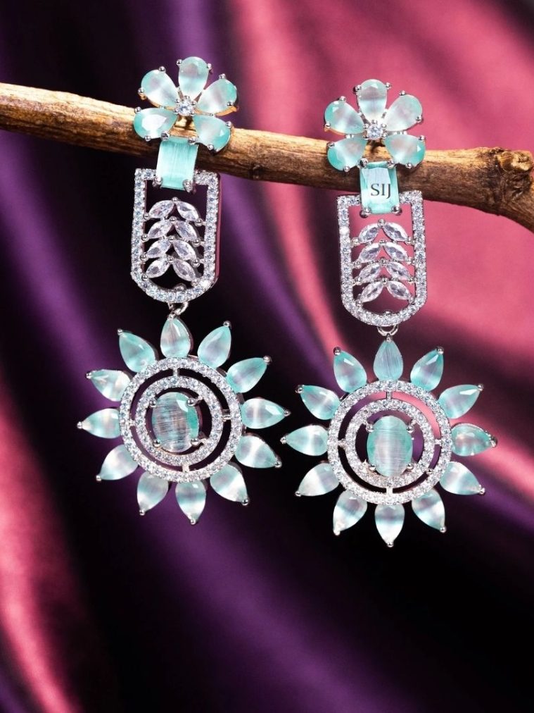 Mint Stone Flower Design Hanging Earrings