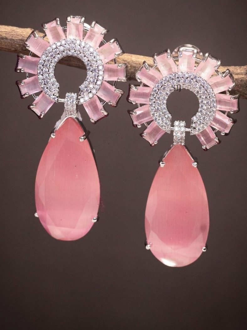 Pastel Pink Stones Round Design Earrings with Tear Drop Hanging