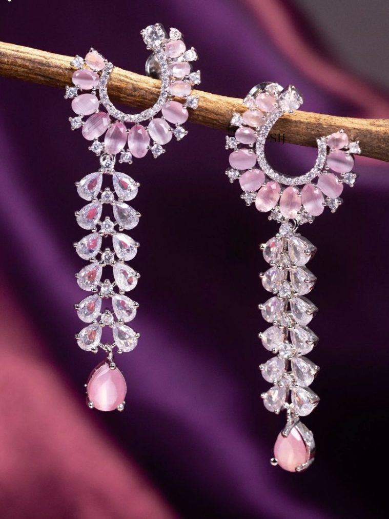 Baby Pink AD Stones Earrings with Stones Hangings