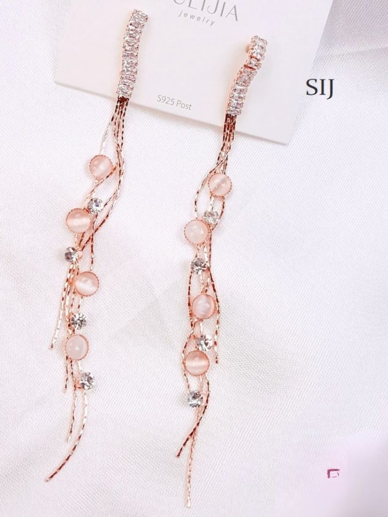 Imitation Fancy Rose Gold Earrings With Pink Drops Danglers