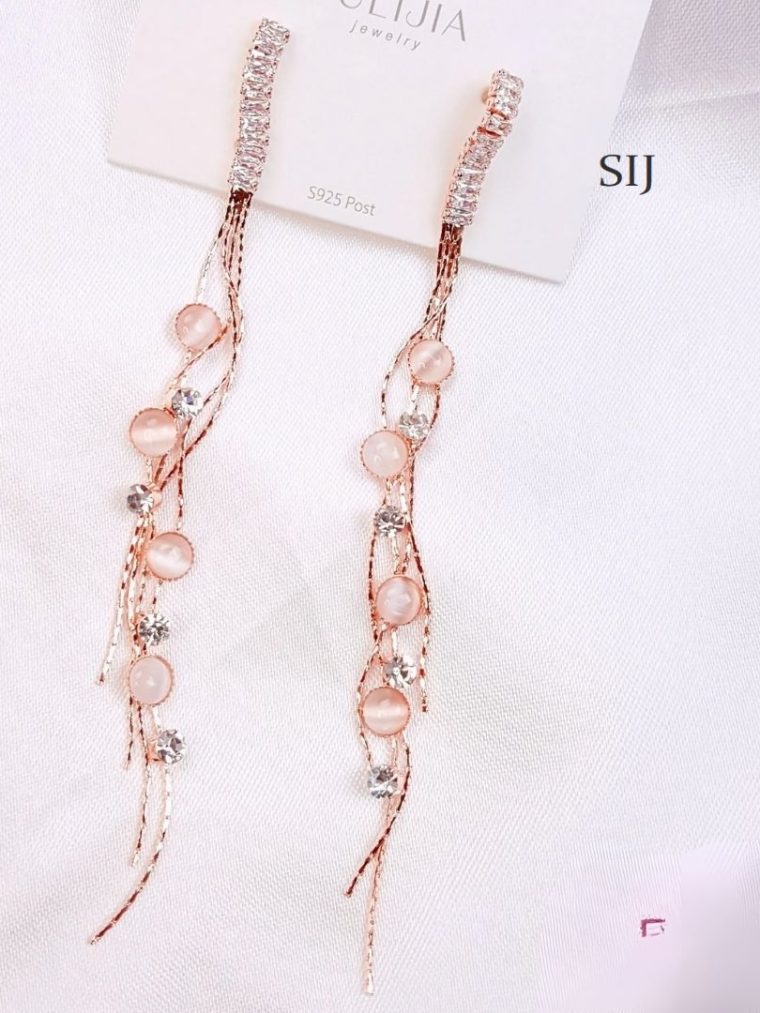 Imitation Fancy Rose Gold Earrings With Pink Drops Danglers