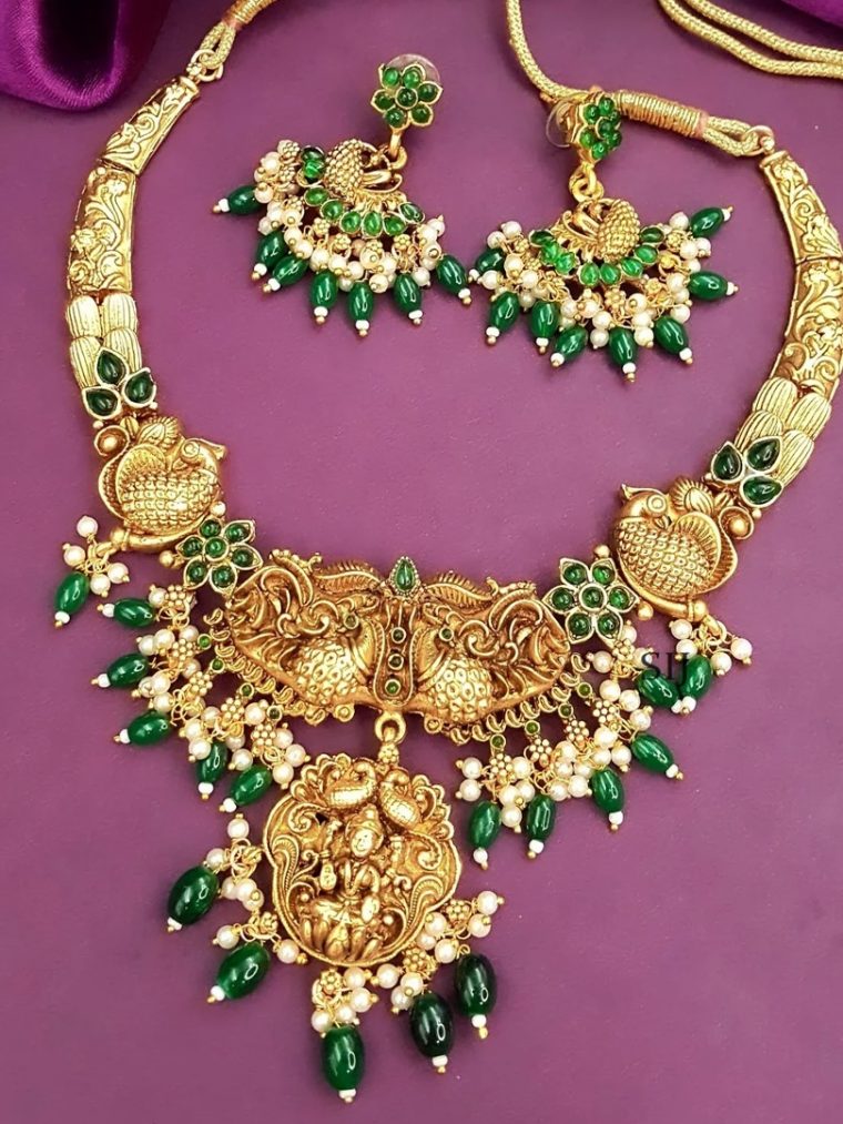 Traditional Lakshmi With Peacock Green Beaded Necklace