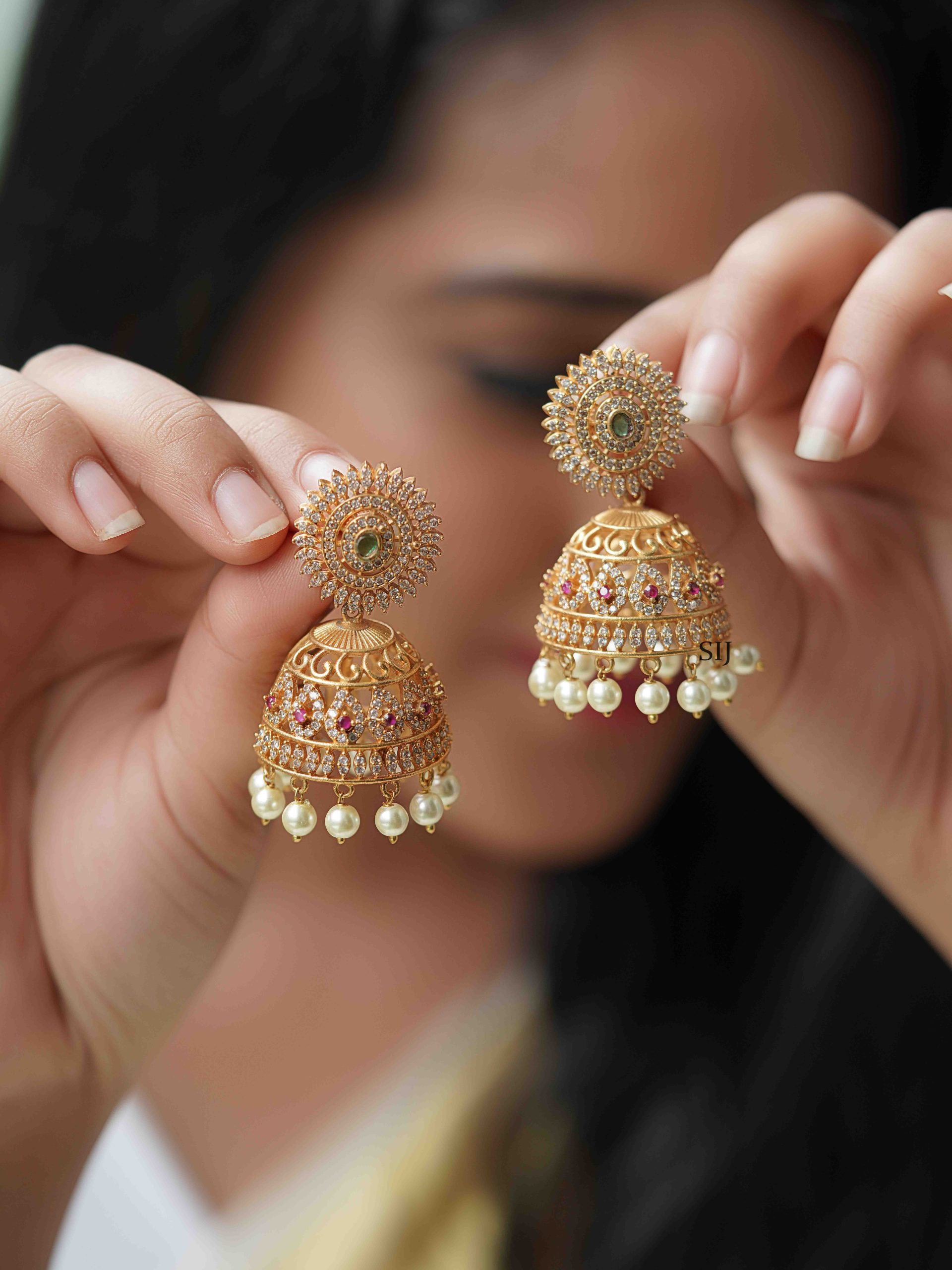 Imitation White Stones Chakra Jhumkas