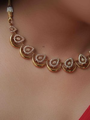 Gold Finish Crescent Necklace with White Stones Teardrops