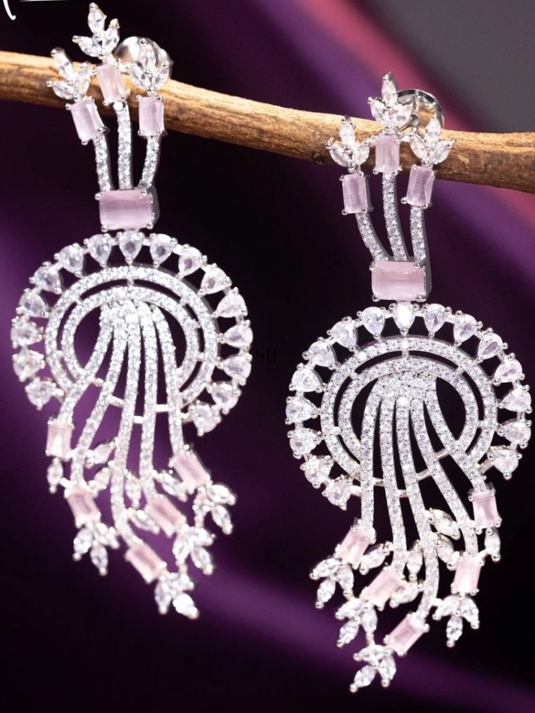 AD Studded Leaf Design Pink Stone Earrings