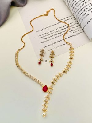 Artificial AD And Red Stone Studded Necklace With Earring