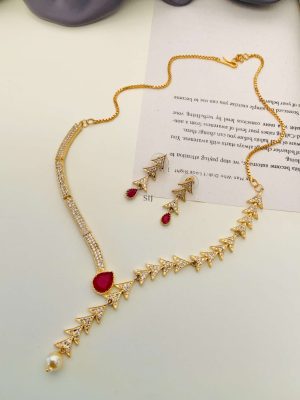 Artificial AD And Red Stone Studded Necklace With Earring