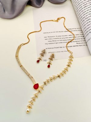 Artificial AD And Red Stone Studded Necklace With Earring