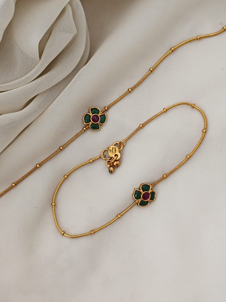 Flower Design Green and Ruby Jadau Kundan Anklets