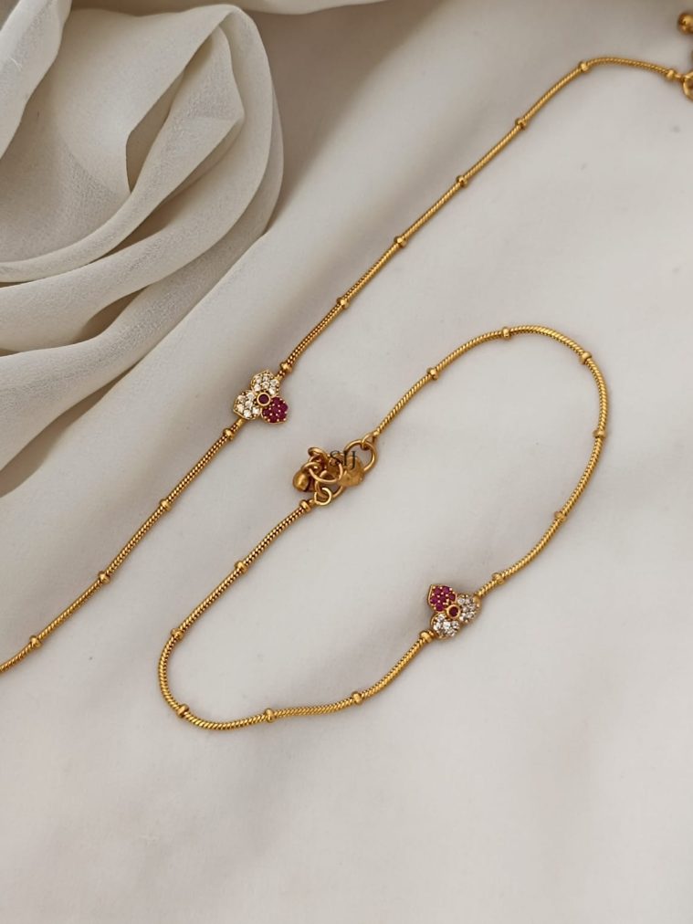 Flower Design Ruby &White Stones Anklets