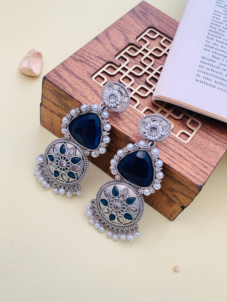 German Silver Plated Blue Stone Pearl Drop Earrings