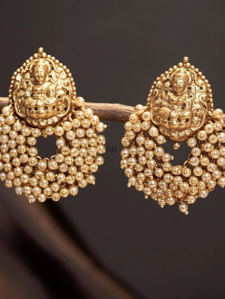 Gold Finish Hanging Cluster Pearls Lakshmi Ear Studs