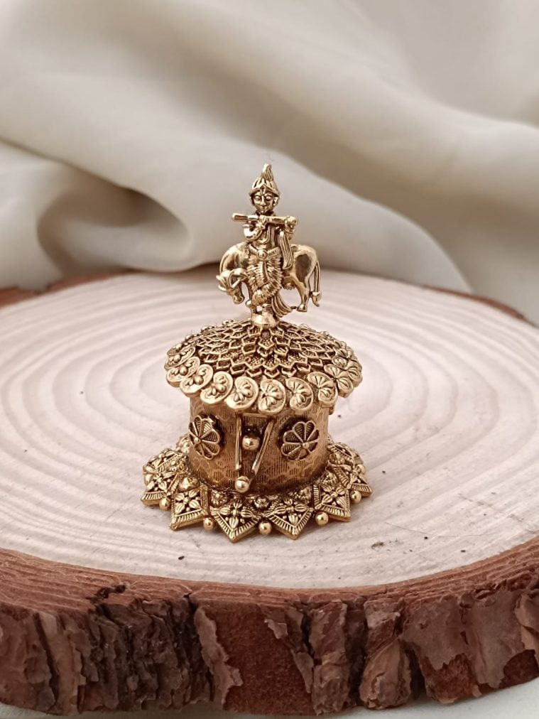 Gold Finish Krishna Kumkum Box