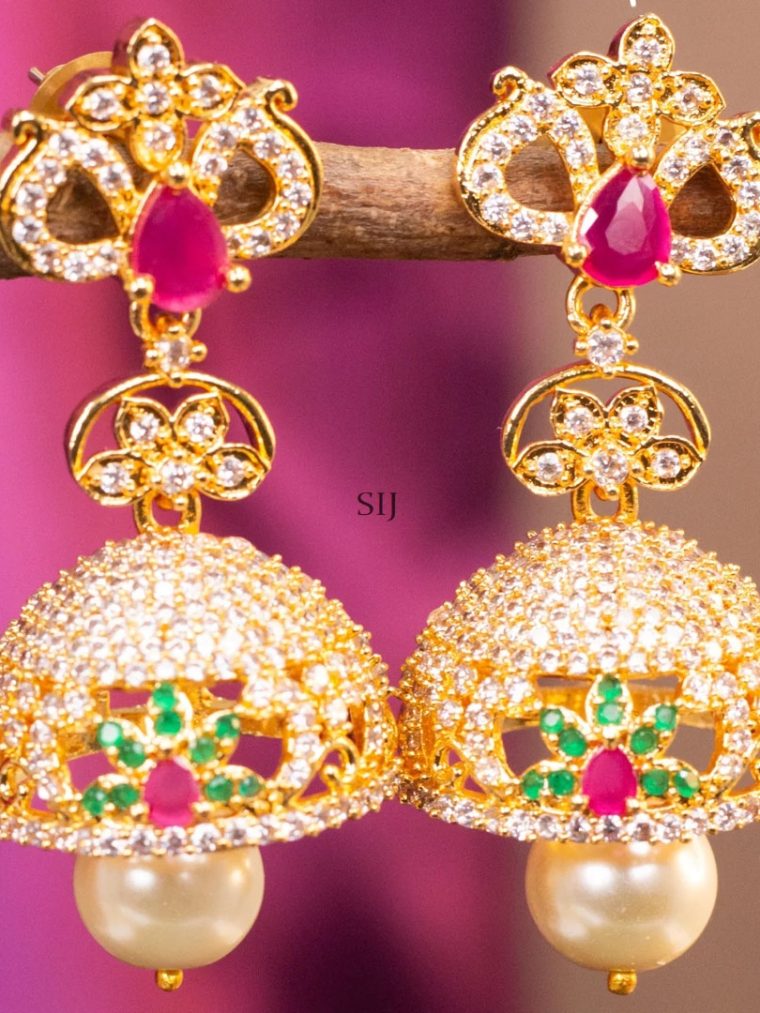 Gold Finish Pearl Drop Flower Design Jhumkas