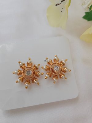 Gold Plated Round Shape Pearl Studded Ear Studs