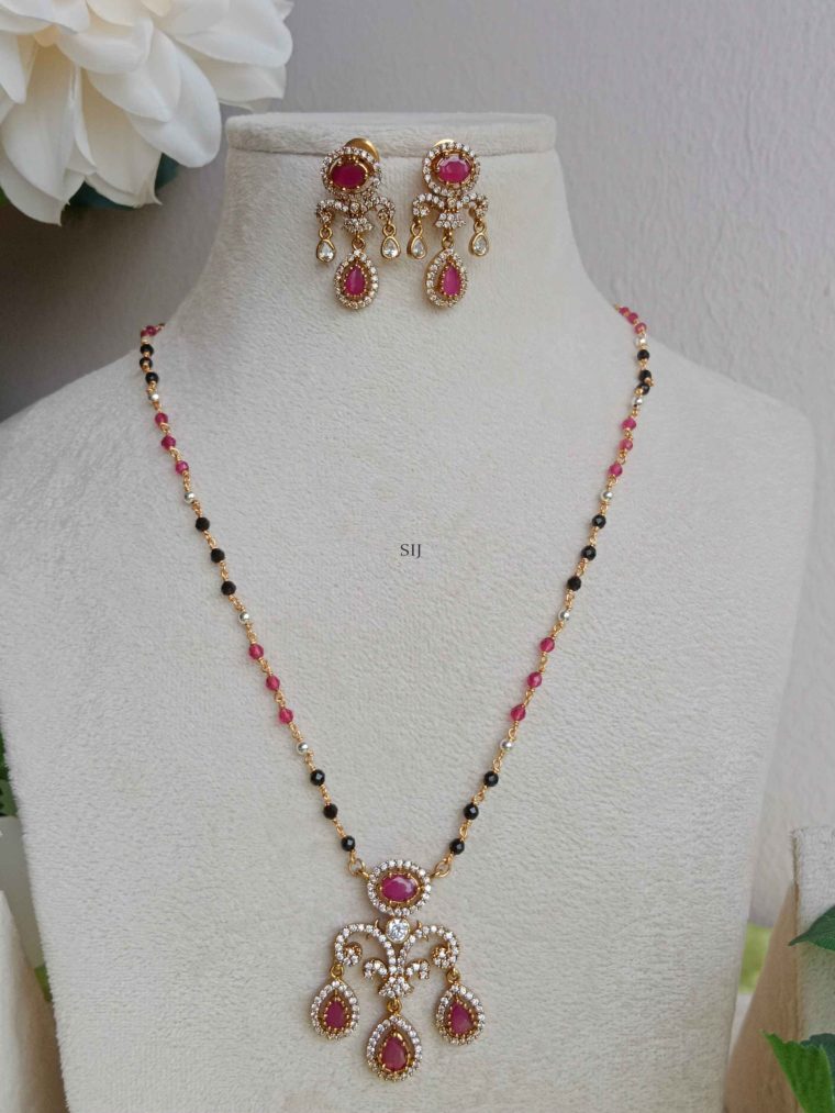 Imitation Black beaded Chain With Ruby AD Pendant