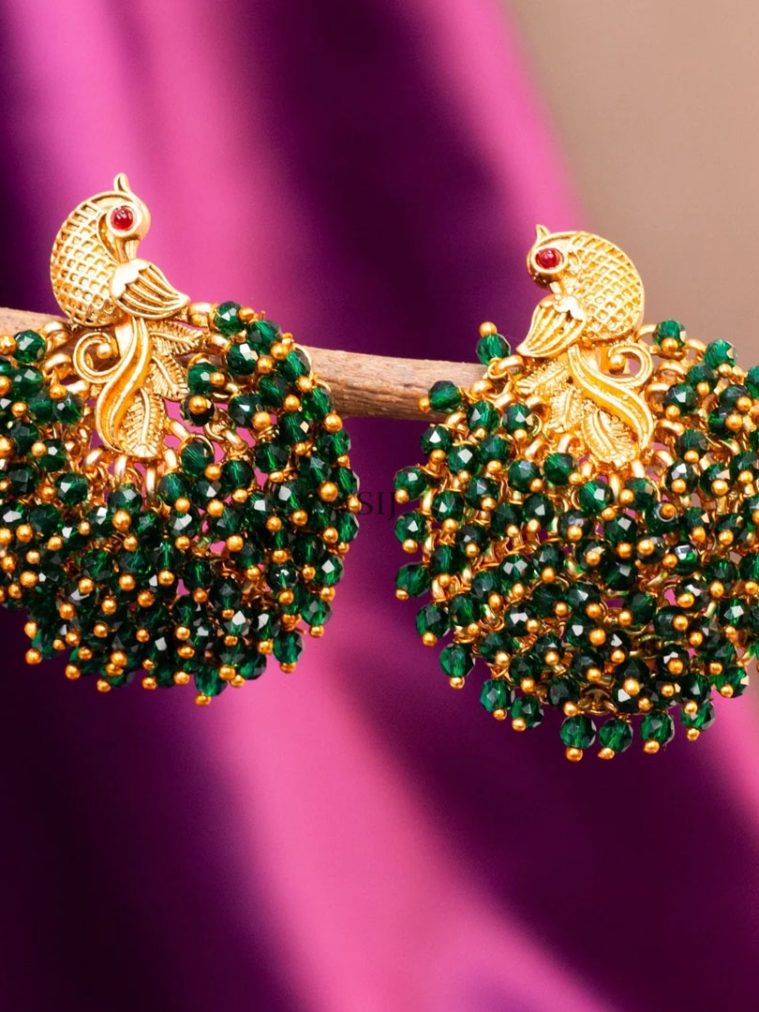 Peacock Design Green Beads Cluster Earrings