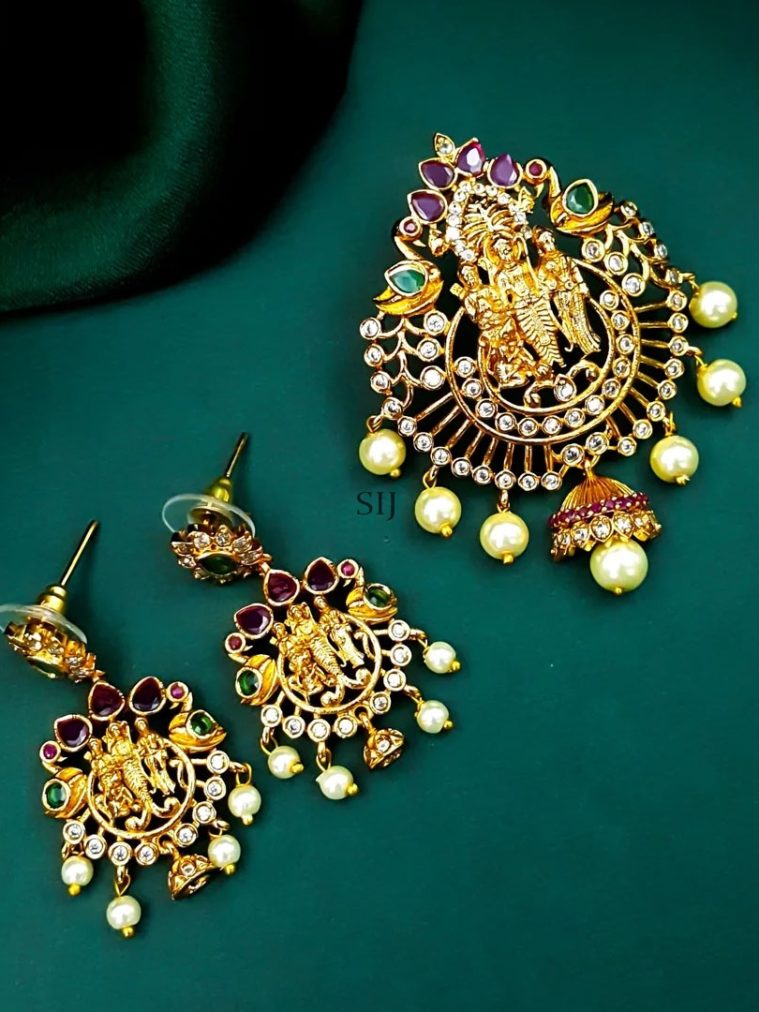 Pearl Drop AD Studded Ram Parivar Pendant With Earring