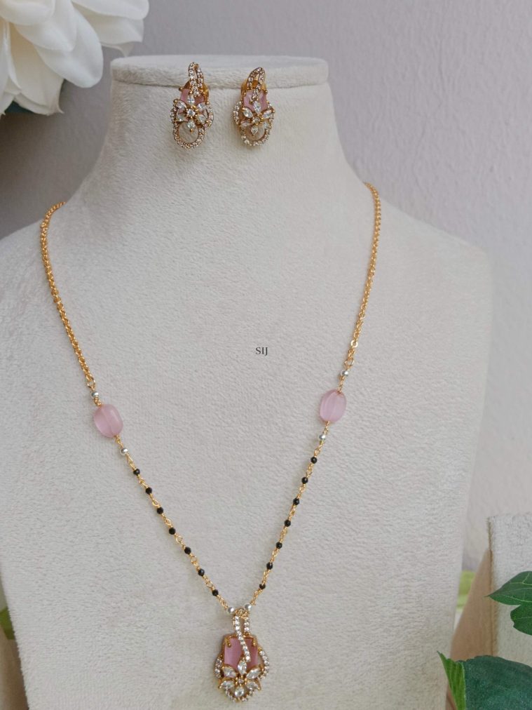 Pink Stone Pendant Black Beaded Chain