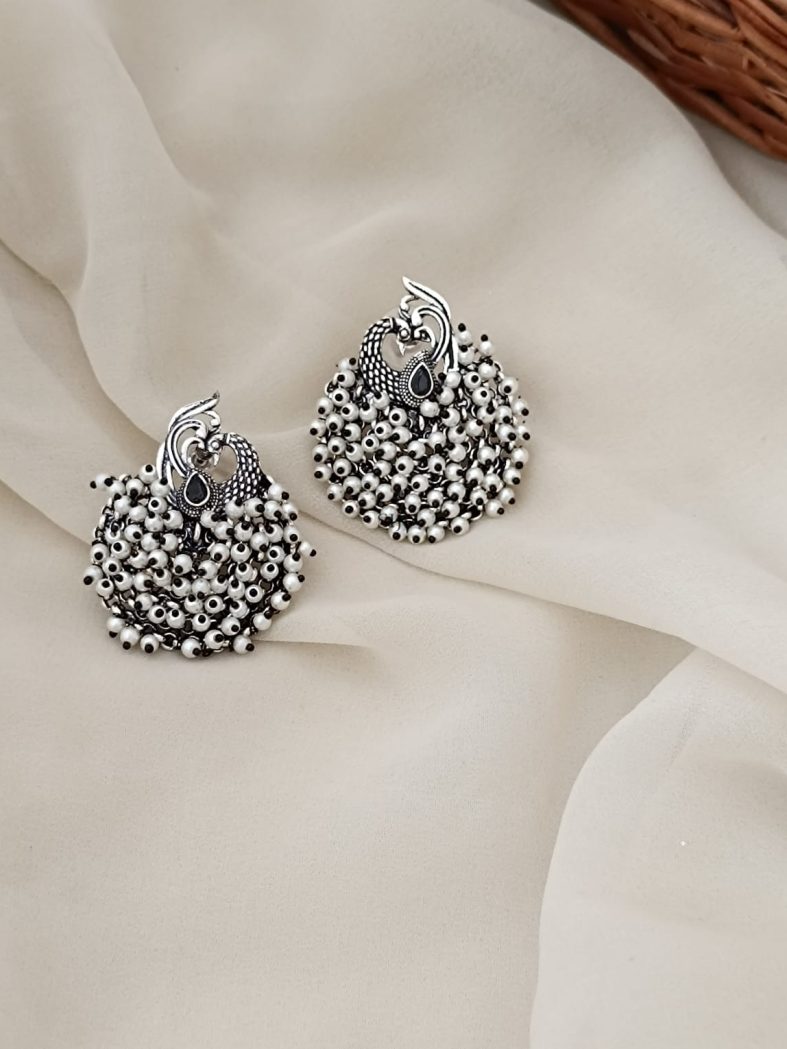 Silver Finish Black Stone Pearl Drop Earrings