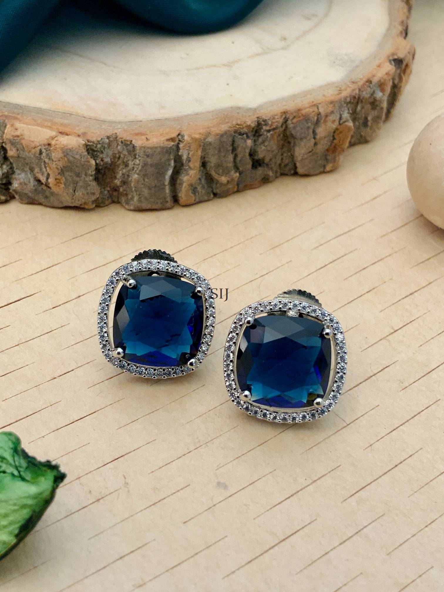 Silver Plated Blue Stone Ear Studs