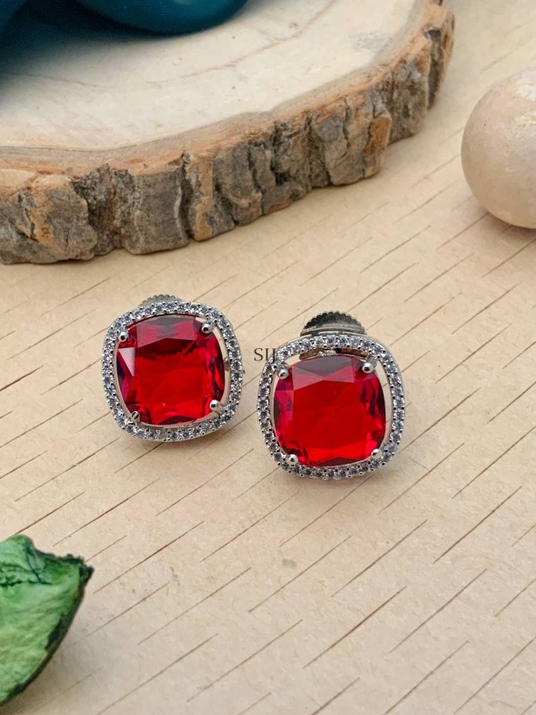 Silver Plated Red Stone Ear Studs