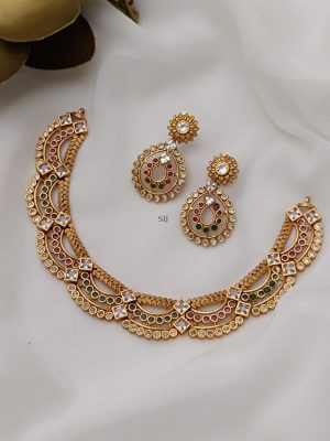 Gold Plated Three Layers Design Necklace with Multi Color Stones