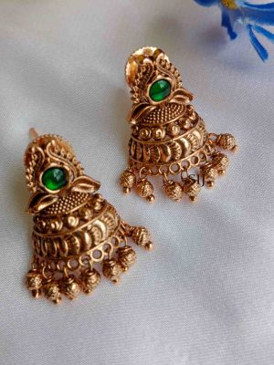 Traditional Green Stone Gold Plated Jhumkas