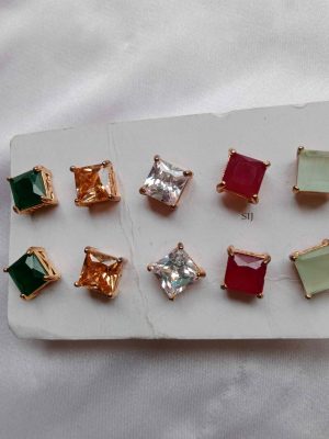 Gold Finish Squared Shape Color Stones Ear Studs Combo