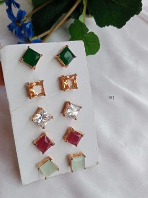 Gold Finish Squared Shape Color Stones Ear Studs Combo