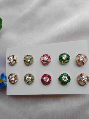 Round Flower Design Color Stones Ear Studs Combo