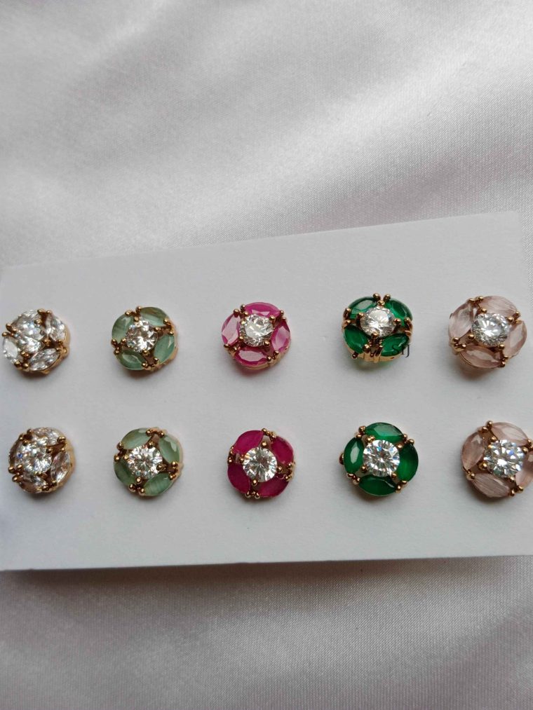 Round Flower Design Color Stones Ear Studs Combo