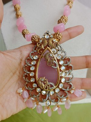 Pink and Gold Beads Victorian Haram with Peacock Pendant