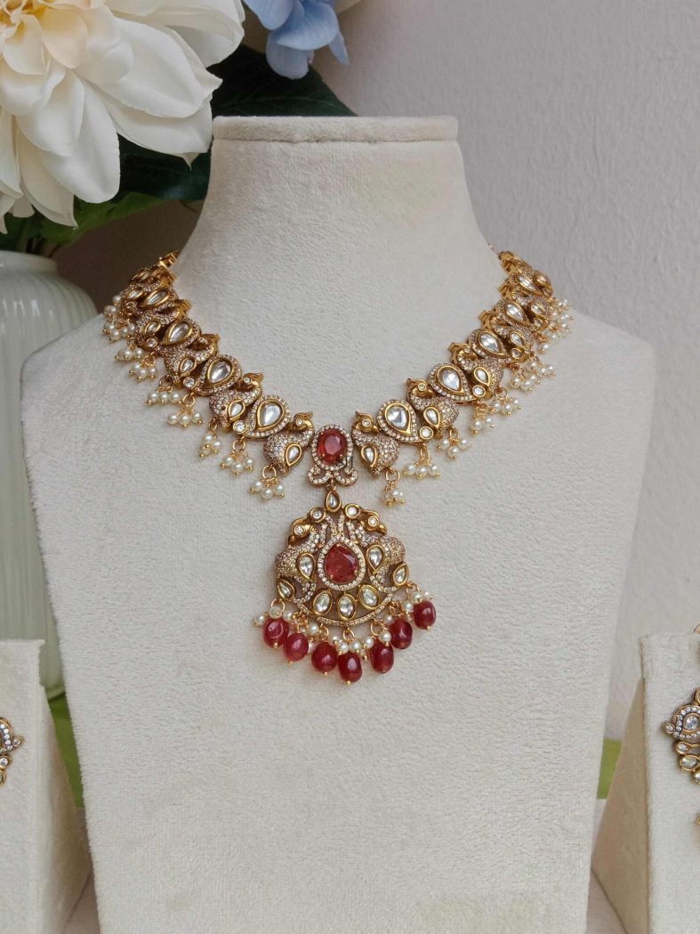 Gold Finish Peacock Victorian Necklace with Red Beads