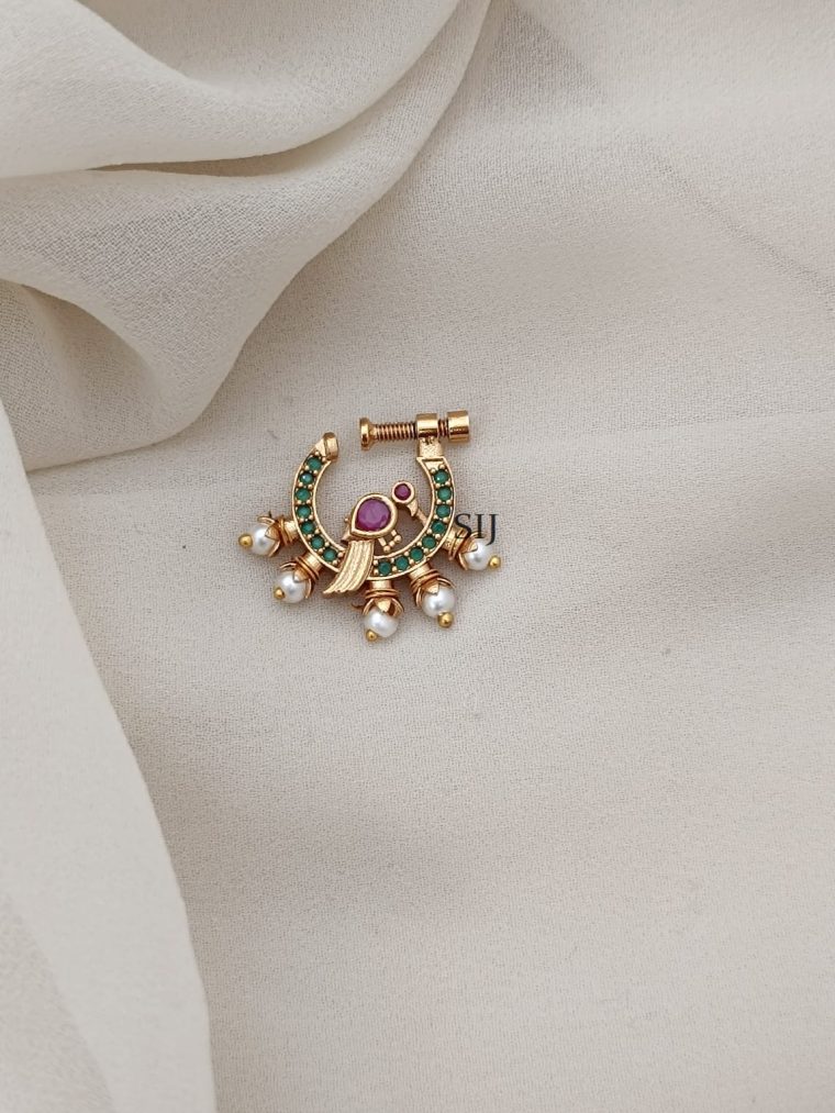 Artificial Ruby And Green Stones Ring Type Nose Pin