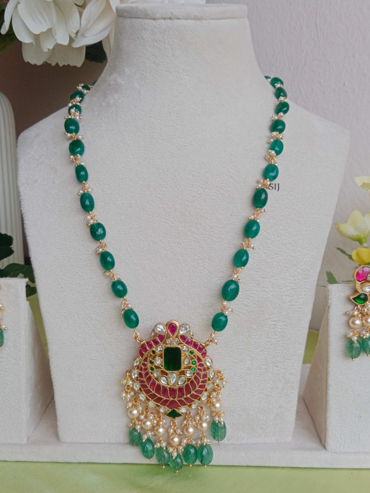 Dual Peacock Pendant Green Beads Haram