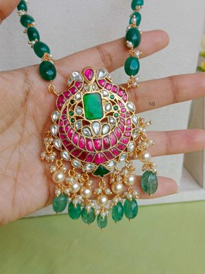 Dual Peacock Pendant Green Beads Haram