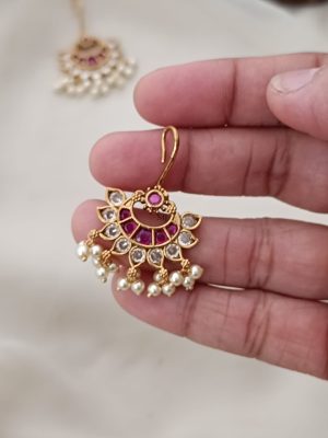 Ruby Stones Chand Bali Hook Earrings with Guttapusalu