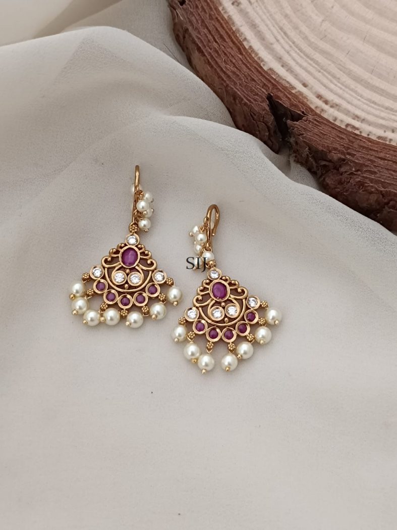 Imitation Ruby And White Stones With Pearl Hook Drop Earring