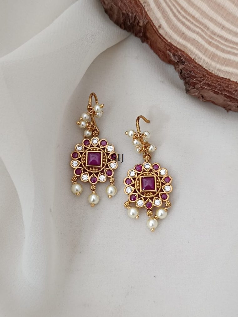 Traditional Ruby And White Stones Hook Drop Earrings