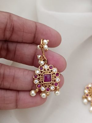 Traditional Ruby And White Stones Hook Drop Earrings