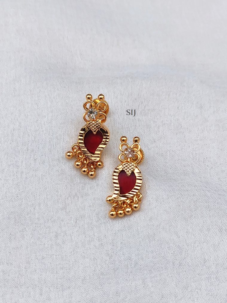 Gold Finish Red Mango Design Ear Studs with Beads Hanging