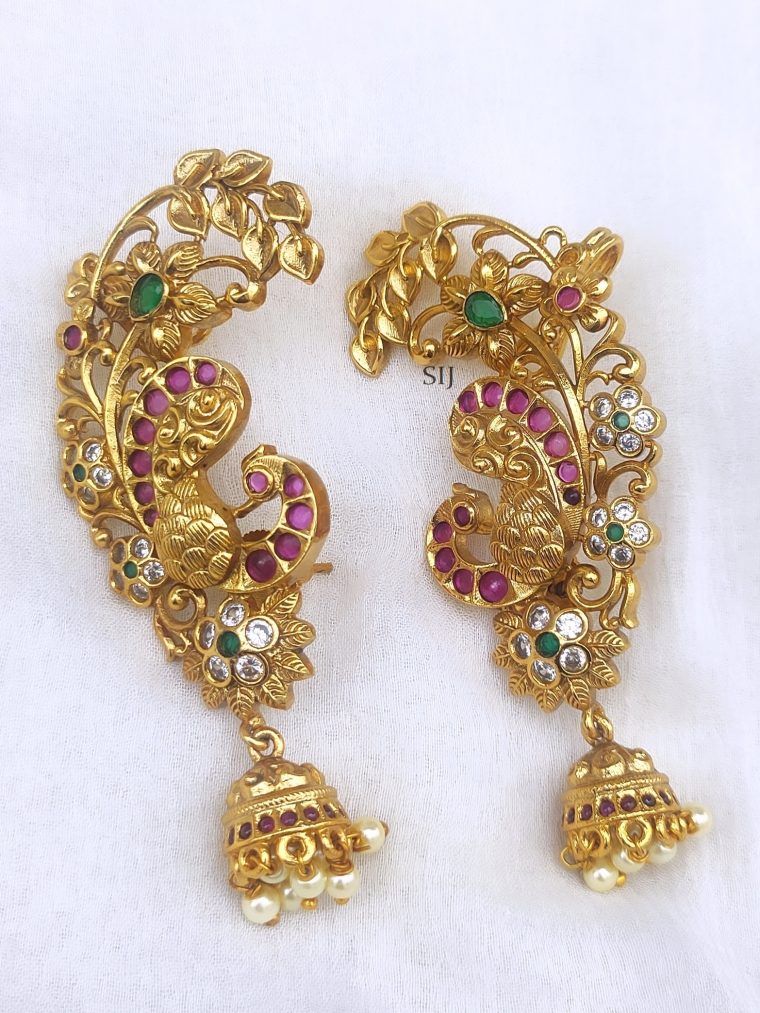 Gold Finish Multi Stones Peacock Earcuff with Jhumkas