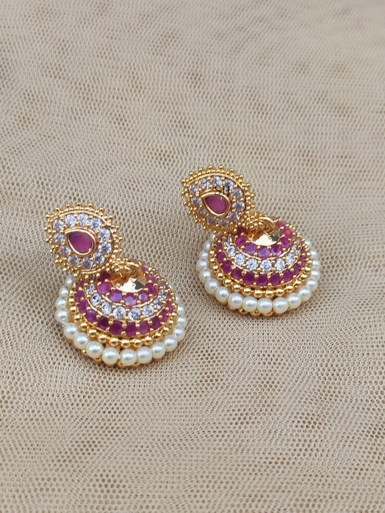 Gold Plated White and Ruby Stones Pearl Jhumkas