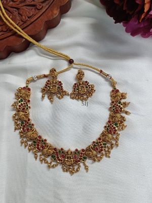 Gold Finish Multi Stones Lakshmi and Peacock Necklace