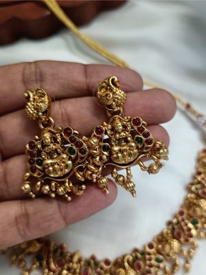 Gold Finish Multi Stones Lakshmi and Peacock Necklace