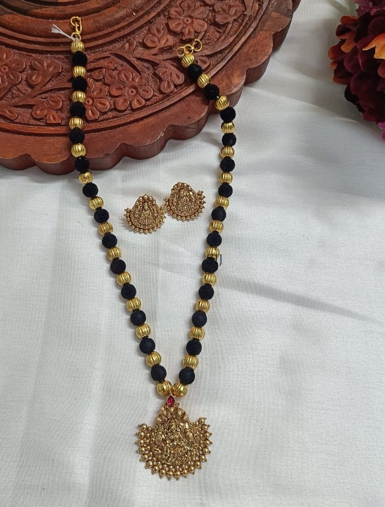 Black and Gold Beads Haram with Lakshmi Pendant