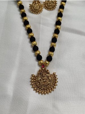 Black and Gold Beads Haram with Lakshmi Pendant