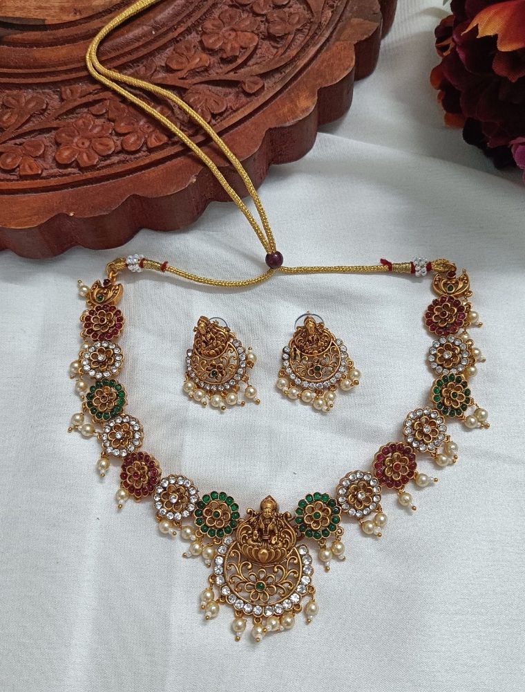 Gold Plated Multi Stones Flowers Necklace with Lakshmi Pendant